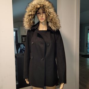 Nautical Womens mid length Wool Peacoat with faux fur hood